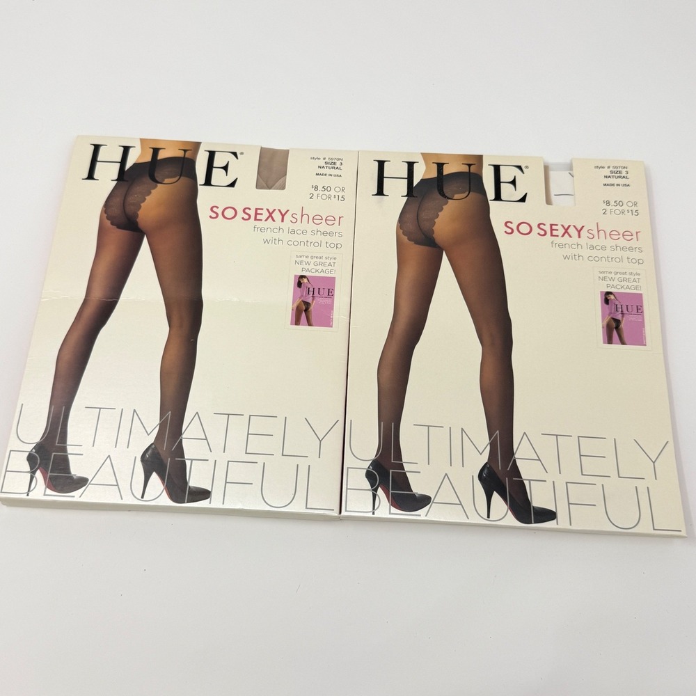 VTG Hue So Sexy Sheer French Lace Sheers Control Top Tights Natural Size 3 2pk